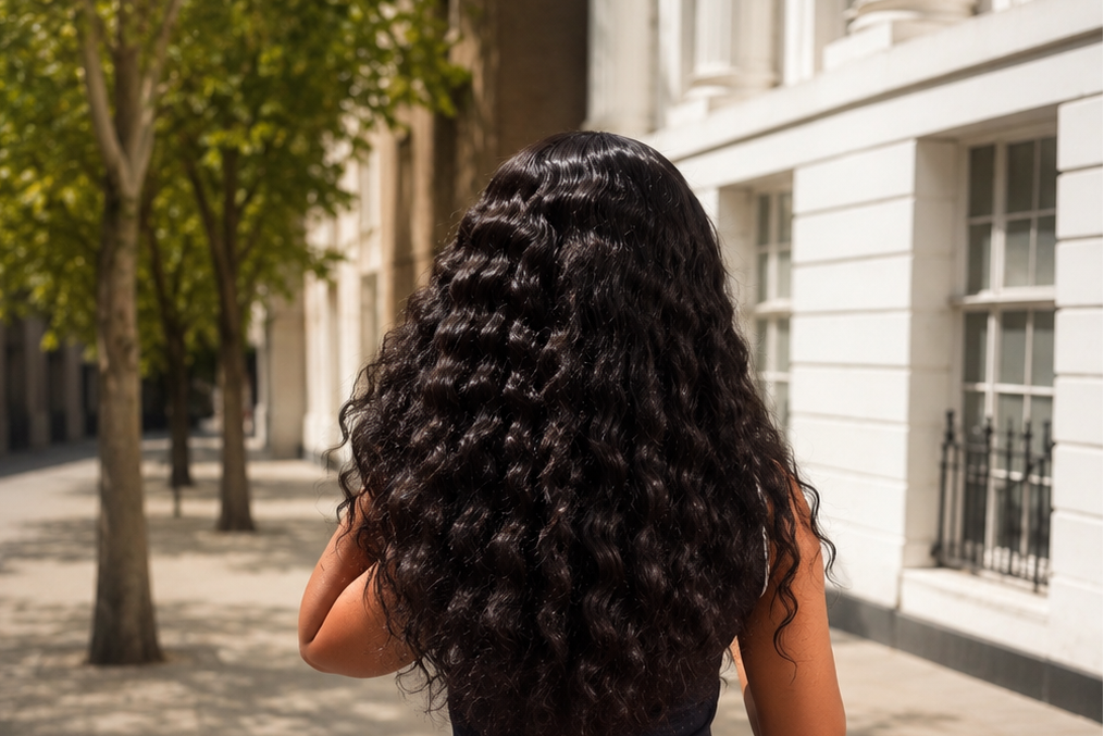 Person with long, wavy hair walking away from the camera on a sunny street.