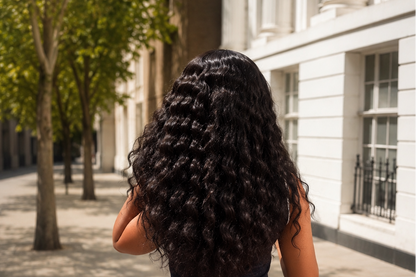 Person with long, wavy hair walking away from the camera on a sunny street.