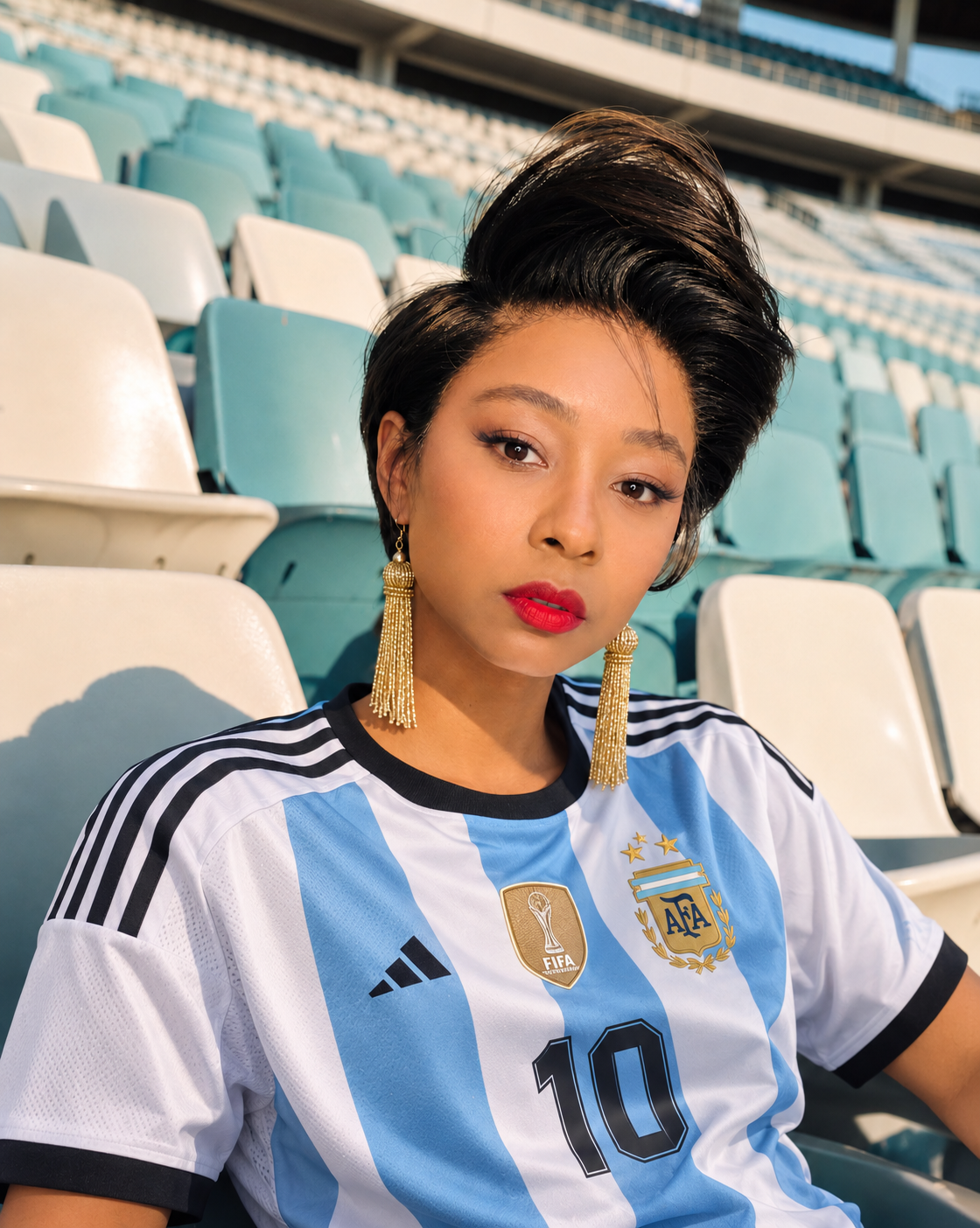 A woman wearing an Argentina national football team Adidas jersey with the number 10, seated in a stadium with light blue and white seats.
