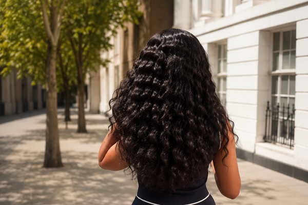 Woman with curly hair walking away from a white building on a sunny day