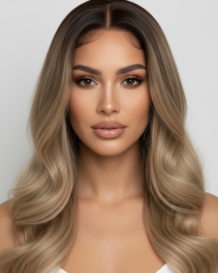 Woman with long, wavy hair transitioning from brown to blonde against a white background