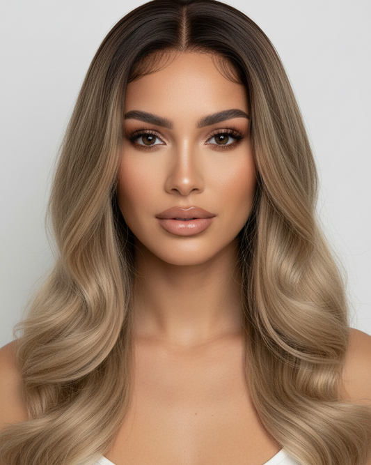 Woman with long, wavy hair transitioning from brown to blonde against a white background