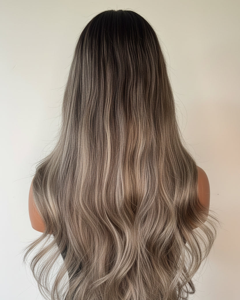 The Kaia Brunette Wave - Long, wavy hair wig with gradient color on a neutral background