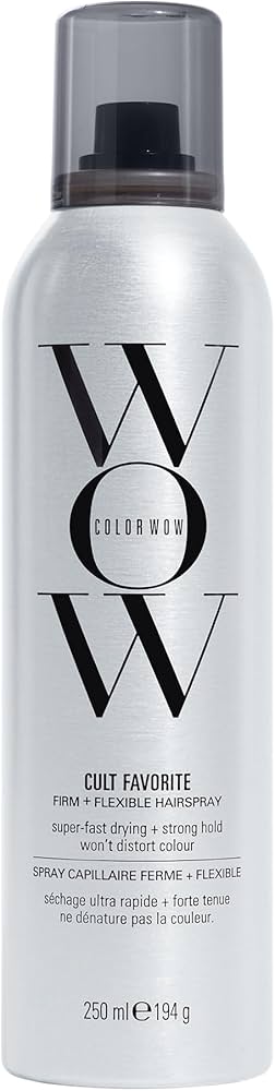 Color Wow Cult Favorite Firm + Flexible Hairspray bottle with 'WOW' branding on a white background