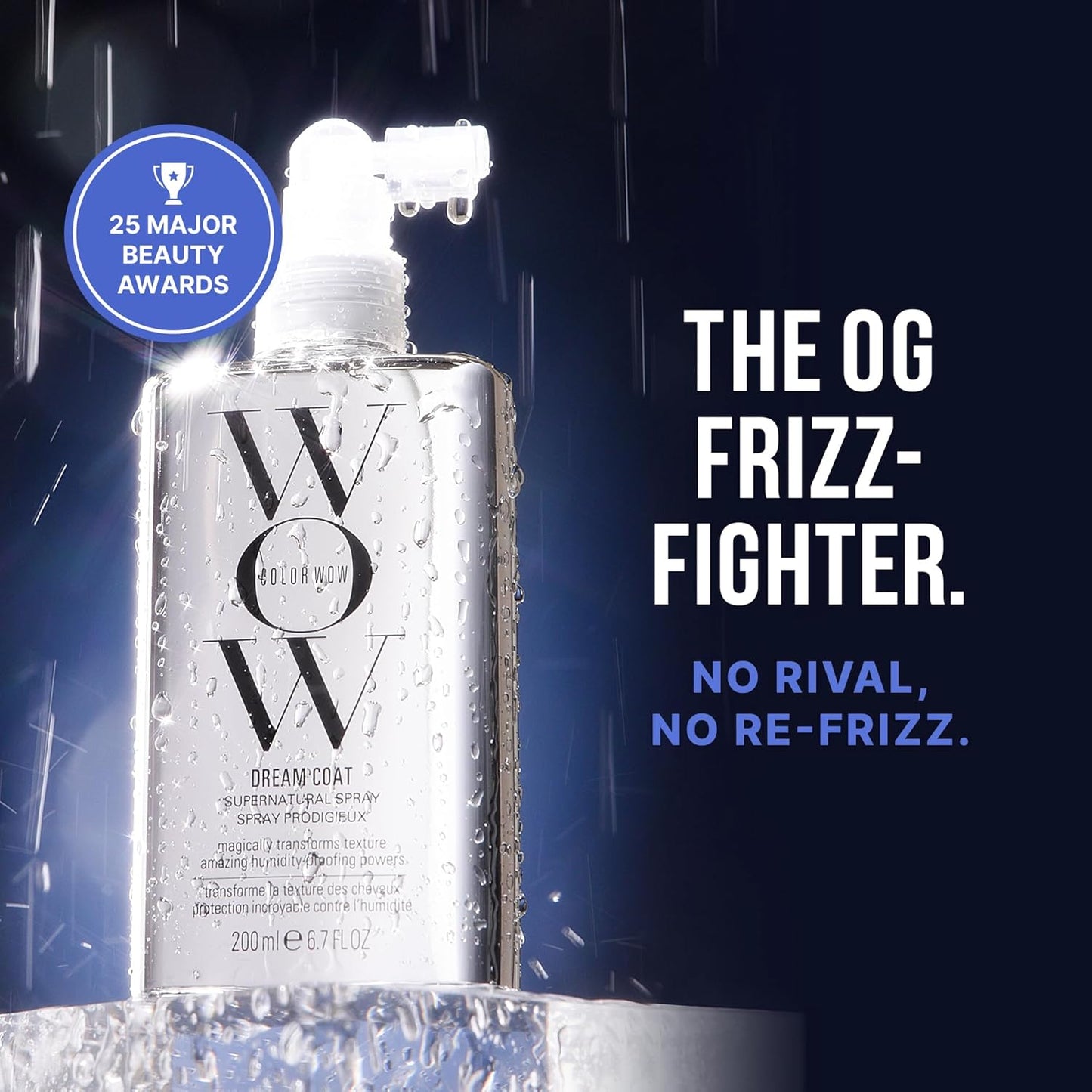 Bottle of COLOR WOW Dream Coat Supernatural Spray Hair Care product with text 'The OG Frizz-Fighter' and '25 Major Beauty Awards' on a dark background.