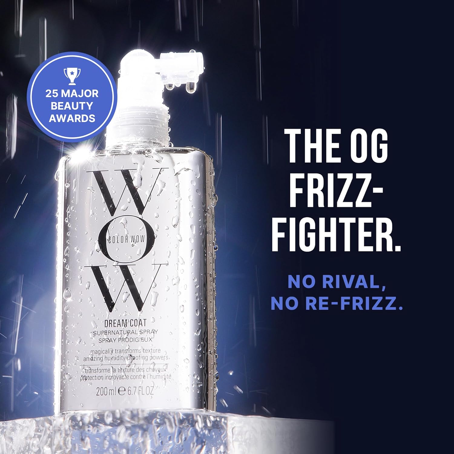 Bottle of COLOR WOW Dream Coat Supernatural Spray Hair Care product with text 'The OG Frizz-Fighter' and '25 Major Beauty Awards' on a dark background.