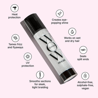 Colour Wow Pop N Lock High Gloss Finish Product with features listed on a white background