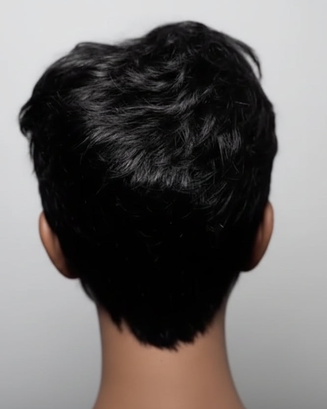 Back view of The Monroe short pixie wig with soft wave texture and clean tapered nape - virgin hair - The Hair Source