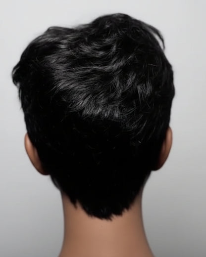 Back view of The Monroe short pixie wig with soft wave texture and clean tapered nape - virgin hair - The Hair Source