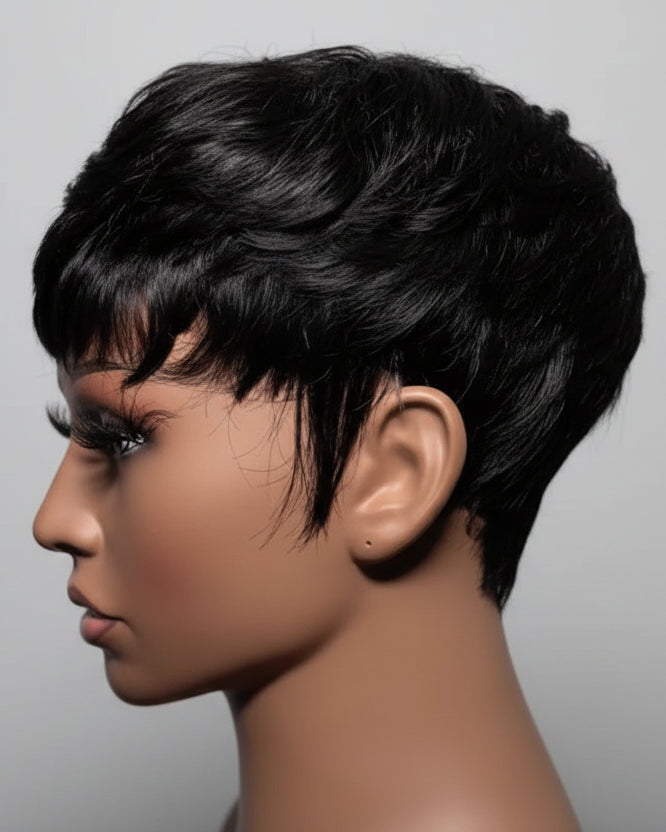 Side view of The Monroe full lace pixie wig showing soft finger wave texture and sweeping fringe - The Hair Source