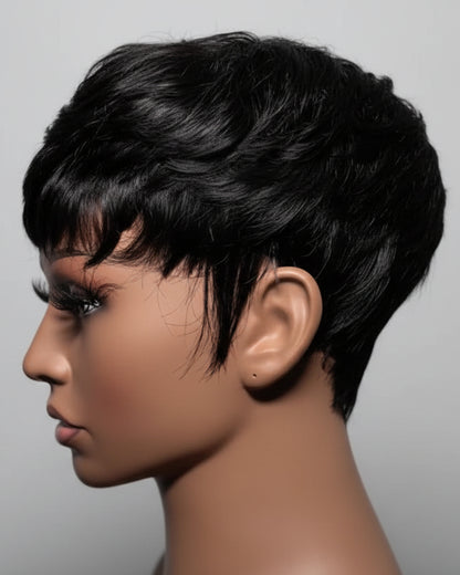 Side view of The Monroe full lace pixie wig showing soft finger wave texture and sweeping fringe - The Hair Source