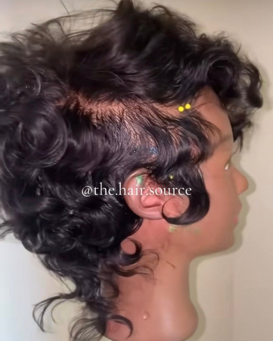 The Jayda Full Lace Curly Wave Pixie Wig in natural black, virgin hair, The Hair Source