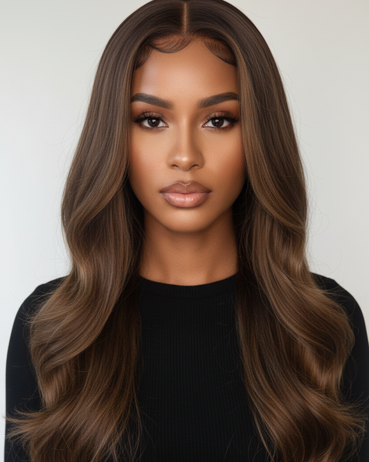 Woman with long, wavy brown hair wearing a black top against a white background