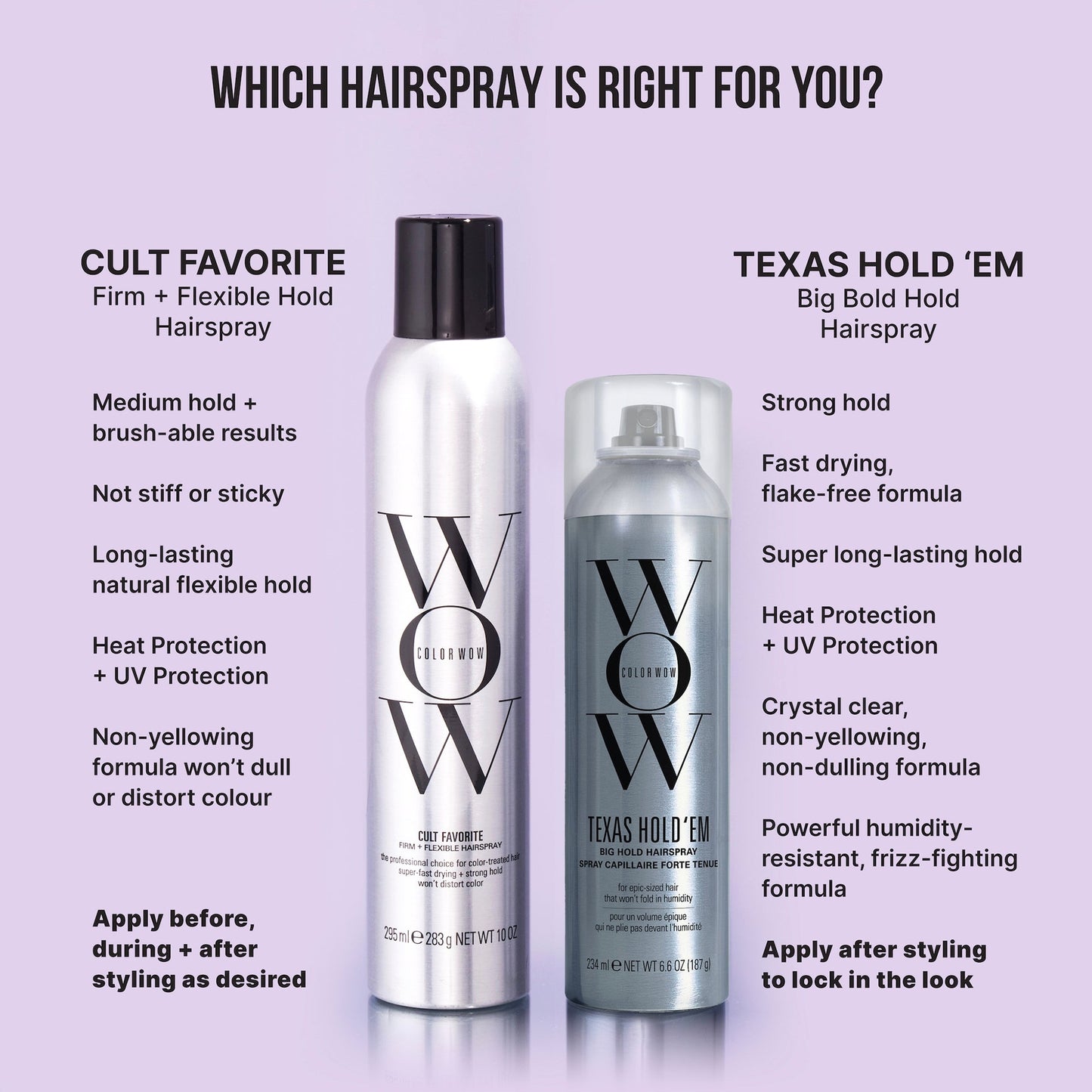 Two bottles of WOW Hairspray with product descriptions on a purple background