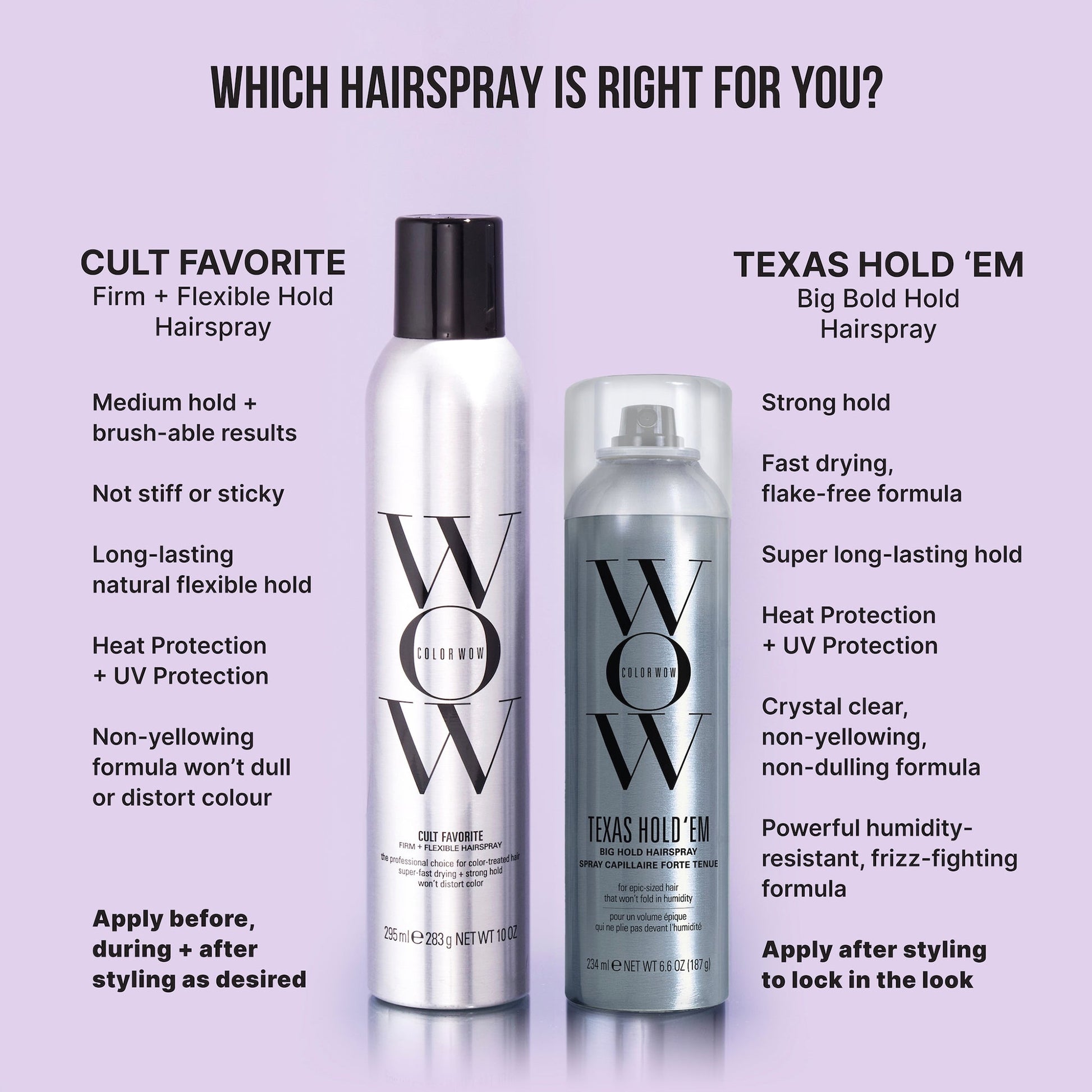 Two bottles of WOW Hairspray with product descriptions on a purple background